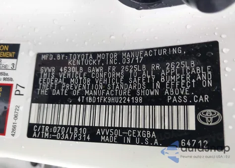 2017 Toyota Camry Hybrid from USA, damaged, VIN 4T1BD1FK9HU224198